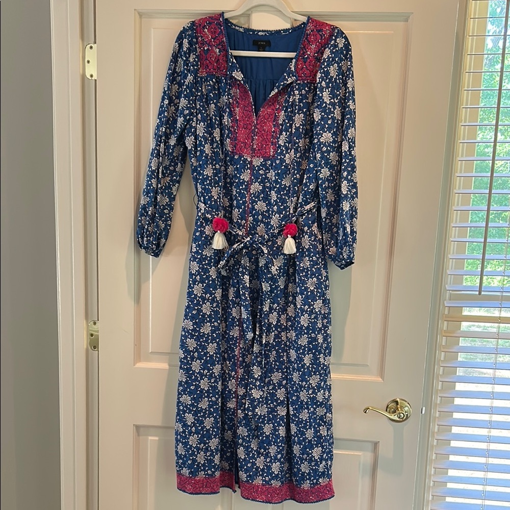 J. Crew Blue Floral Maxi Dress with Pink Embroidered Accents